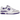 New Balance 550 White Purple sneakers i vinkelvisning med vit överdel i läder och lila designdetaljer samt snören