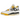 Air Jordan 4 Retro Vivid Sulfur sneakers sedda från sidan med vitt läder, gula detaljer vid snörhålen och synlig Air-enhet i mellansulan.