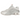 Nike Shox R4 White Metallic Silver sneakers i profil, visar den vita ovandelen i syntetmaterial med silverdetaljer och den karakteristiska stötdämpande sulan.
