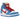 Nike SB Dunk High Doraemon sneakers i en vinklad vy med blå mockadetaljer, vitt läder och röda skosnören med en gul swoosh-logotyp