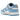 Nike Dunk Low Coast sneakers sidoprofil med ljusblå paneler på en vit läderöverdel, ljusblå swoosh och vita skosnören med en platt gummisula.