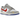 Nike Dunk Low Light Iron Ore Red Blue sneakers i sidoprofil med grå ovandel, röda detaljer och blå Swoosh-logotyper på en vit mellansula