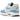 Nike Air Max 1 White University Blue sneakers i sidoprofil med vit ovandel, ljusblått stänkskydd, blå Swoosh-logotyp och synlig Air-enhet