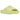 Adidas Yeezy Slide Glow Green sneakers i vinklad profil, uppvisar den utmärkande limegröna färgen, slitstarkt EVA-skum och en räfflad yttersula.