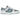 Nike Dunk Low Retro Photon Dust Denim Turquoise sneakers i vinklad profil med grå läderöverdel, denimblå detaljer och vit gummisula